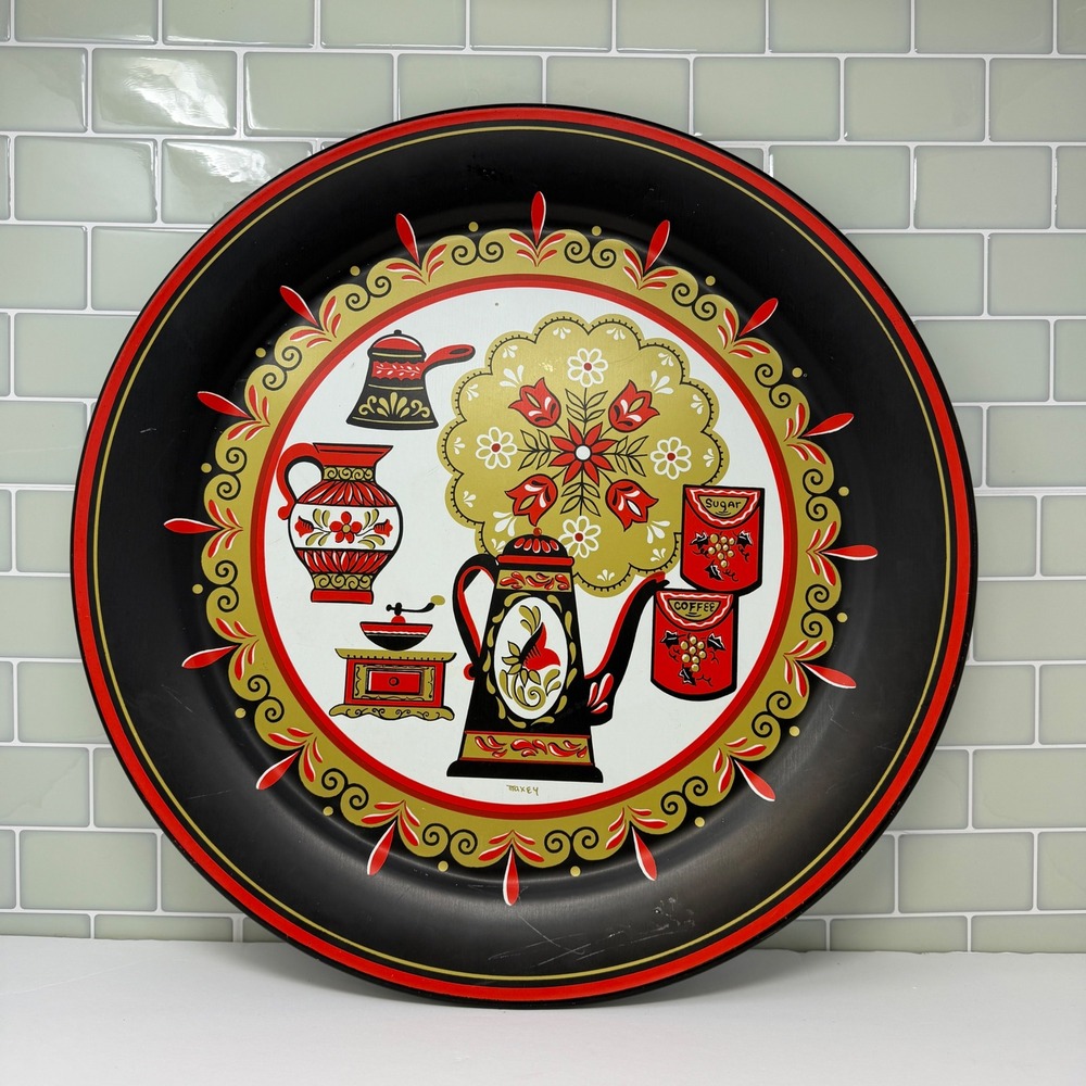 Vintage Maxey Kurbits Large Metal Round Serving Tray -‎ Swedish Folk Art 19"